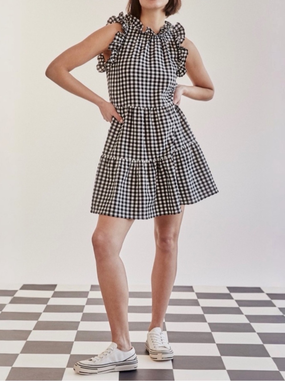 Maeve by Anthropologie Black & White Mini Gingham Ruffle Detail Dress - Size XS